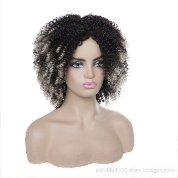 wholesale afro kinky curly ombre dark brown to silvery wig heat resistant synthetic hair wigs for women